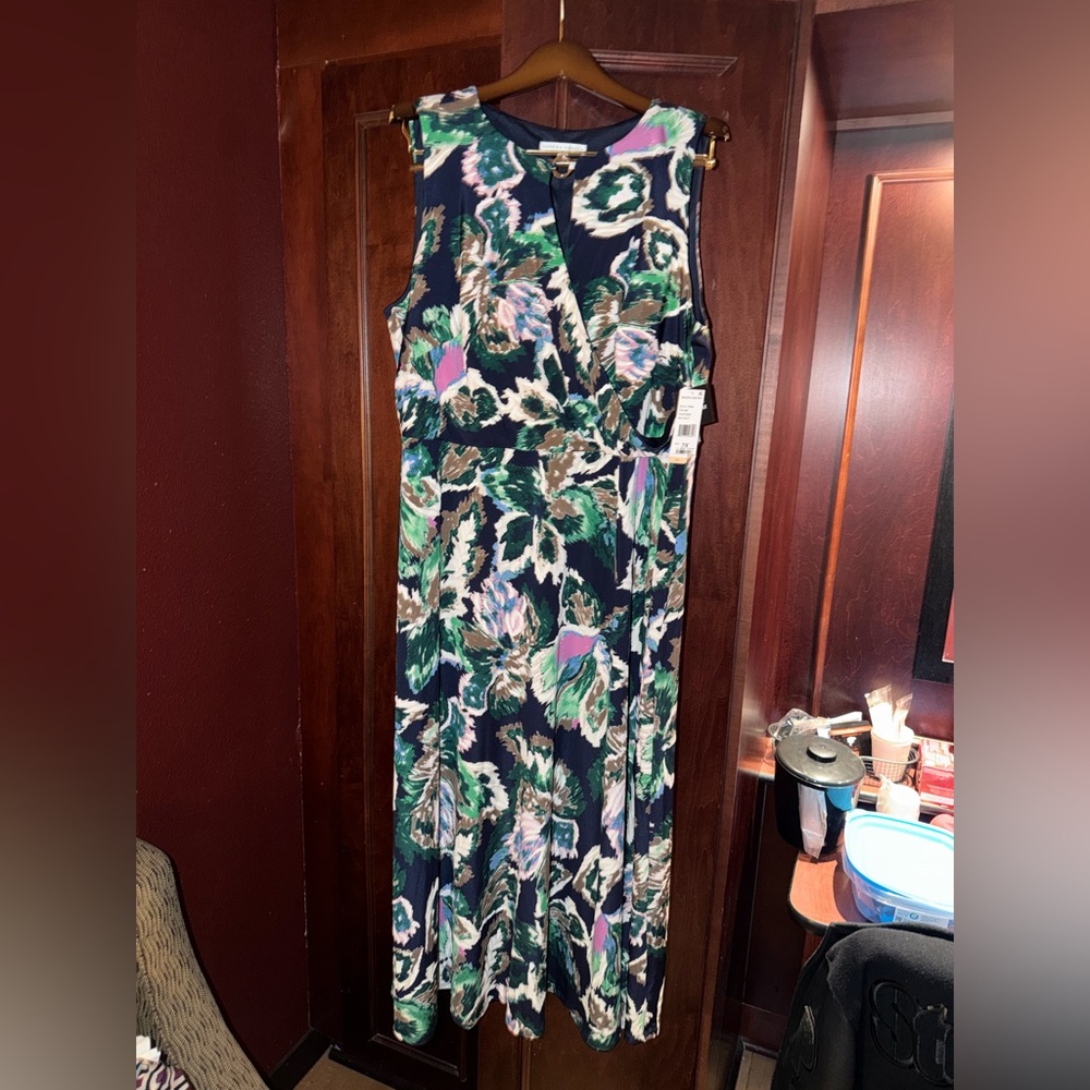 Sandra Darren Navy Floral Maxi Dress with Green and Lavender Accents